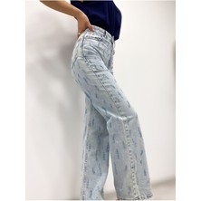 Kadın Desenli Yüksek Bel Geniş Paça Kot Pantolon