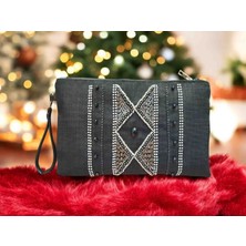 Vertiginoso Siyah Boncuk Işlemeli Kadın Portföy Clutch El Çantası
