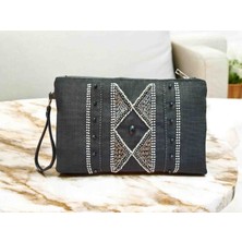 Vertiginoso Siyah Boncuk Işlemeli Kadın Portföy Clutch El Çantası