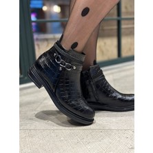 Suadiye Shoes Kadın Croco Siyah Deri Bağcıksız Fermuarlı Termolight Taban Kadın Botu