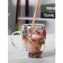 Vetrilex Home Isıya Dayanıklı Borosilikat Çift Çidarlı Flower Cup Çiçekli Bardak - Çiçekli Kahve Sunum Bardağı