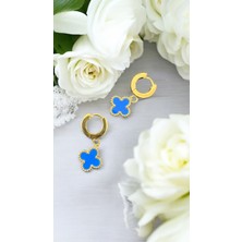 Wisteria Jewelry Dört Yapraklı Yonca Mavi Mineli Gold Renk Renk Çelik Küpe 316L