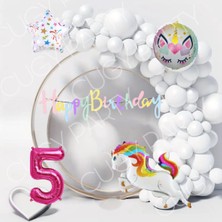 Cugy Kız Cocuk Doğum Günü Parti Seti  Unıkorn Temalı Beyaz Balon Zinciri  ve  Figürlü Folyo Balon Seti