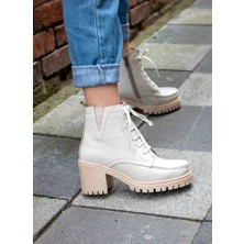 En Cici Moda Pekin Gerçek Deri Ekru Tırtıklı Kaymaz Taban Kadın Bot