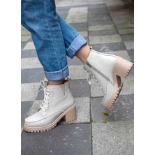 En Cici Moda Pekin Gerçek Deri Ekru Tırtıklı Kaymaz Taban Kadın Bot