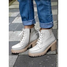 En Cici Moda Pekin Gerçek Deri Ekru Tırtıklı Kaymaz Taban Kadın Bot