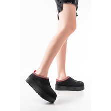 Ellolita Luxury Shoes NDR-2888 Siyah Süet Içi Kürklü Kışlık Kapalı Burun Kadın Günlük Terlik