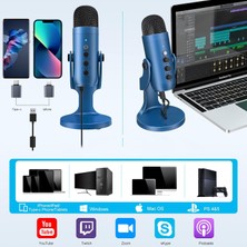 CoverZone Profesyonel Stüdyo Mikrofon Kayıt Condenser Masaüstü Canlı Yayın Mikrofonu PC USB C, Oyun, Podcast, Kayıt, Yayın, ASMR Sessiz/Kazanç/Eko, Telefon Adaptörü, Mac, Winows ile Uyumlu K66 - Mavi