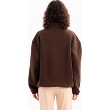 Justever Oversize Fit Dik Yaka Yarı Fermuarlı Şardonlu Acı Kahve Kadın Sweatshirt - Cass