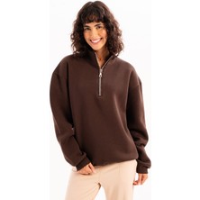 Justever Oversize Fit Dik Yaka Yarı Fermuarlı Şardonlu Acı Kahve Kadın Sweatshirt - Cass