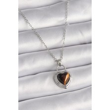 Çarşı Point 316l Çelik Gümüş Renk Zincir Kilit Kalp Kehribar Boncuk Model Kadın Kolye