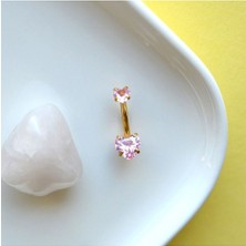 Heppii 316 L Çelik Zirkon Pembe Taşlı Kalp Göbek Piercingi Taşlı Kalpli Minimal Göbek Piercingi Gold