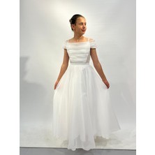 Kız Çocuk Abiye Krem Askılı Uzun Şifon Kolları Çıkabilen Drape Yaka Abiye Elbise 10-15 Yaş