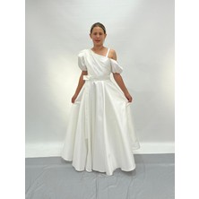 Kız Çocuk Krem Yarım Kollu Uzun Fiyonklu Abiye 10-14 Yaş