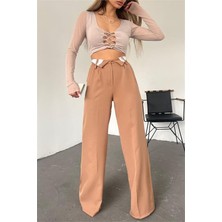 Dipmoda kadın camel bol paça palazzo kumaş pantolon QNS036