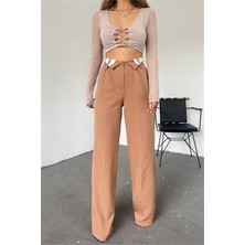 Dipmoda kadın camel bol paça palazzo kumaş pantolon QNS036