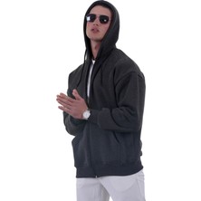 Exve Exclusive Antrasit Gri Basic Oversize Yumuşak Örme Kışlık Kapüşonlu Içi Polarlı 3 Iplik Fermuarlı Hırka Sweatshirt