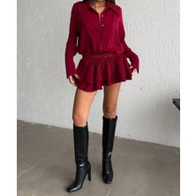Bordo Mini Pileli Elbise