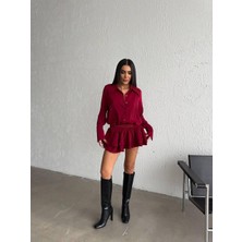 Bordo Mini Pileli Elbise
