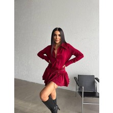 Bordo Mini Pileli Elbise