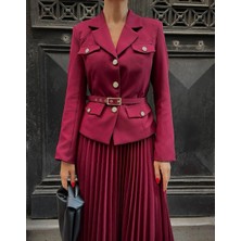 Bordo Kemerli Blazer Ceket ve Pilliseli Takım