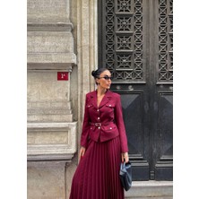 Bordo Kemerli Blazer Ceket ve Pilliseli Takım