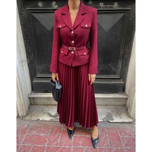 Bordo Kemerli Blazer Ceket ve Pilliseli Takım