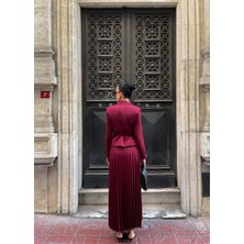 Bordo Kemerli Blazer Ceket ve Pilliseli Takım