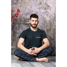 Neysekivar Sıfır Yaka Desenli Kısa Kol Erkek Pijama Takımı Füme
