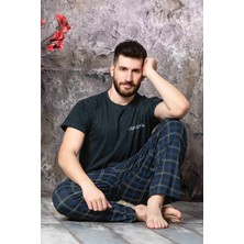 Neysekivar Sıfır Yaka Desenli Kısa Kol Erkek Pijama Takımı Füme