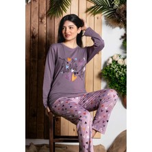 Neysekivar Sıfır Yaka Uzun Kol Likralı Desenli Kadın Pijama Takımı Lukitus