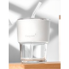 Busstier Cam Kahve Sunum Bardağı - 400 ml Deri Şeritli ve Pipet Delikli Tasarım