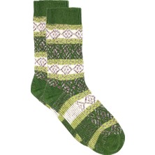 Buluş Organic Organik Yün 2'li Kışlık Kilim Desenli Kalın Soket Çorap Pembe-Fuşya / Yeşil-Olive