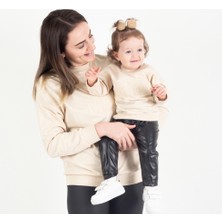 Nunu Baby Mama & Mini Nakışlı Sweatshirt Takım - Krem