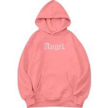 BRZ Collection Unisex Oversize Angel Kristal Taş Baskılı Hoodie Pembe