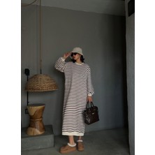 Kadın Bordo Çizgili 3 Iplik Şardonsuz Uzun Oversize Elbise 28288