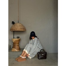 Kadın Lacivert Çizgili 3 Iplik Şardonsuz Uzun Oversize Elbise 28288