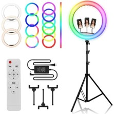 18 Inç Rgb Ring Light- 3 x Telefon Standlı-Çantalı-Kumandalı-Youtuber LED Halka Işık-2 Metre Tripod