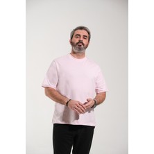 Toz Pembe Oversize Bisiklet Yaka Pamuklu T-Shirt