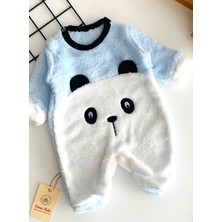 Derin Bebe Neşeli Bebekler Panda Kabartma Desen Kendinden Patikli Welsoft Kumaş Tulum Mavi