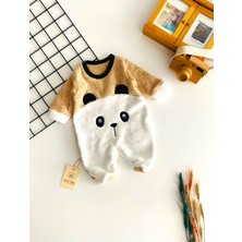 Derin Bebe Neşeli Bebekler Panda Kabartma Desen Kendinden Patikli Welsoft Kumaş Tulum Kahve