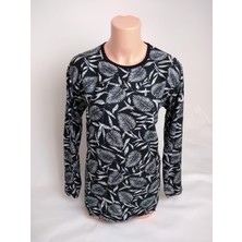 Yaşar Triko Kadın Siyah Desenli Bisiklet Yaka Uzun Kollu Yanları Yırtmaçlı Mevsimlik Süet Anne Penye Tişört Bluz