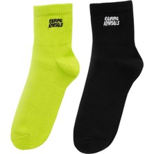 2'li Paket Pamuklu Unisex Tenis Çorap Logo Nakışlı Lime Yeşili - Siyah