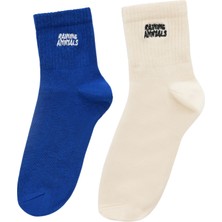 Raining Animals 2'li Paket Pamuklu Unisex Tenis Çorap Logo Nakışlı Saks Mavisi - Krem
