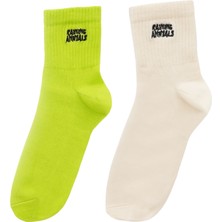 Raining Animals 2'li Açık Renk Paket Pamuklu Unisex Tenis Çorap Logo Nakışlı Krem - Lime Yeşili