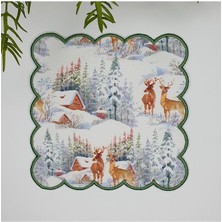 Deco Sulu Boya Geyik ve Kar Manzaralı Nakış Kenar Kokteyl Peçetesi Yıkanabilir 1 Adet