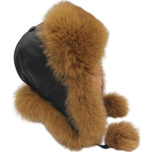 AbbasShop Deri  Tilki Kürklü Ushanka Şapka Erkek Kadın Şapka Bere Kahve