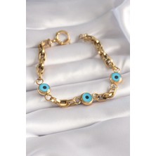 Sinerji Shop 316L Çelik Gold Renk Kalın Zincir Nazar Boncuk Detay Kadın Bileklik - TJ-BB5959