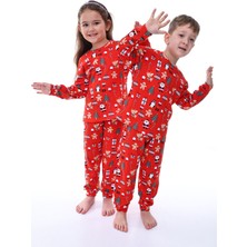 Yılbaşı Temalı Kırmızı %100 Pamuk Interlok Kumaş Kız-Erkek Çocuk Pijama Takımı 3-8 Yaş