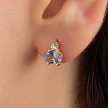 Fasek Gold Gümüş Küpe - 925 Ayar Gümüş Oval Blue Topaz Taşlı Tektaş Küpe